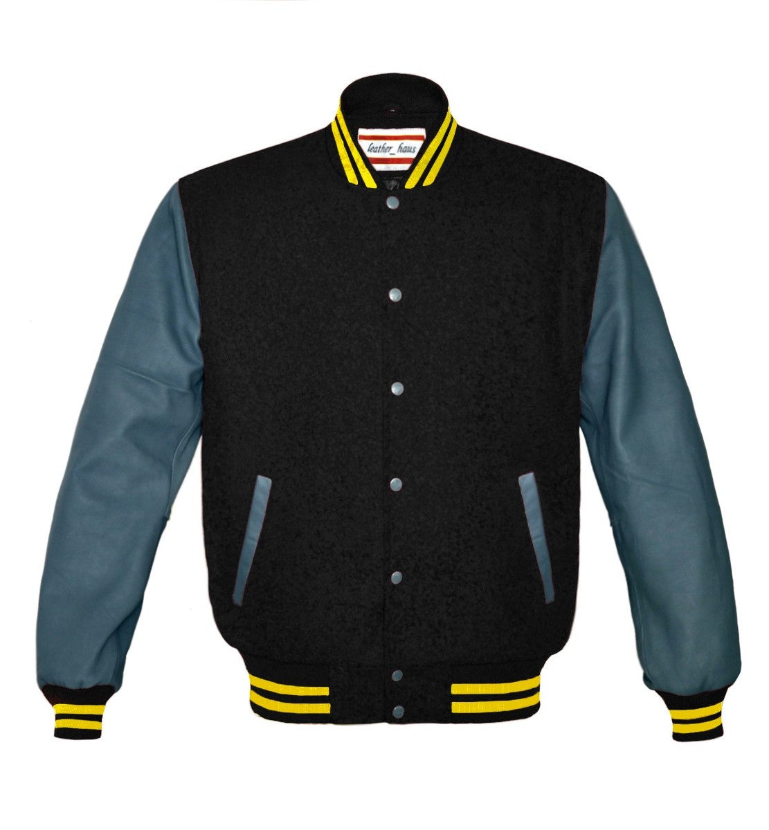 Black Wool Varsity Letterman Hoodie jacket Dark Grey Real Leather