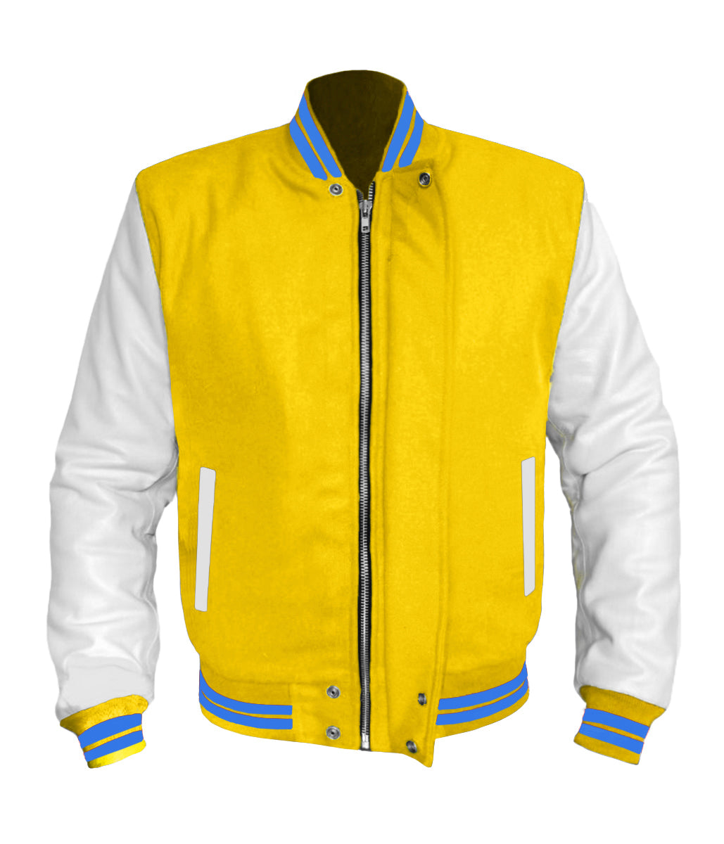 Varsity Baseball Letterman Bomber School Collage Royal Blue Wool and  Genuine White Leather Sleeves Zipper Jacket at  Men’s Clothing store