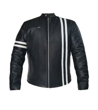 Load image into Gallery viewer, Men&#39;s Stylish Superb Real Genuine Leather Bomber Biker Jacket with White Stripe #507