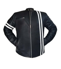 Load image into Gallery viewer, Men&#39;s Stylish Superb Real Genuine Leather Bomber Biker Jacket with White Stripe #507