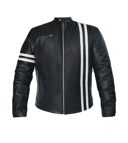 Men's Stylish Superb Real Genuine Leather Bomber Biker Jacket with White Stripe #507-FL