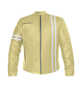 Men's Stylish Superb Real Genuine Leather Bomber Biker Jacket with White Stripe #507