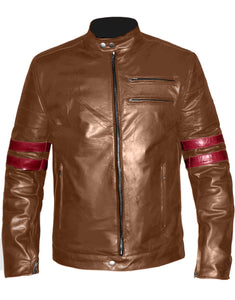 Men's Stylish Superb Real Genuine Leather Bomber Biker Jacket with Red Stripe #516-LE