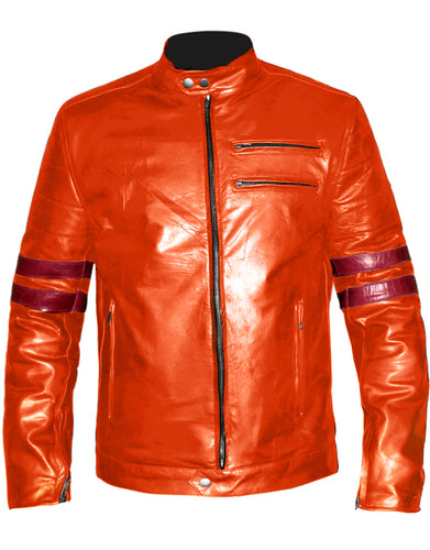 Men's Stylish Superb Real Genuine Leather Bomber Biker Jacket with Red Stripe #516-LE