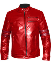 Load image into Gallery viewer, Men&#39;s Stylish Superb Real Genuine Leather Bomber Biker Jacket with Red Stripe #516-LE