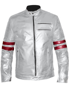 Men's Stylish Superb Real Genuine Leather Bomber Biker Jacket with Red Stripe #516-LE