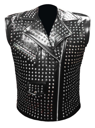 Men's Stylish Superb Real Faux Leather Bomber Biker Metal Studded Jacket Vest #586-FL