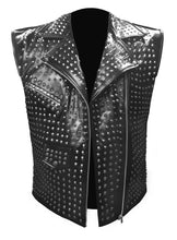 Load image into Gallery viewer, Men&#39;s Stylish Superb Real Genuine Leather Bomber Biker Metal Studded Jacket Vest #586-LE