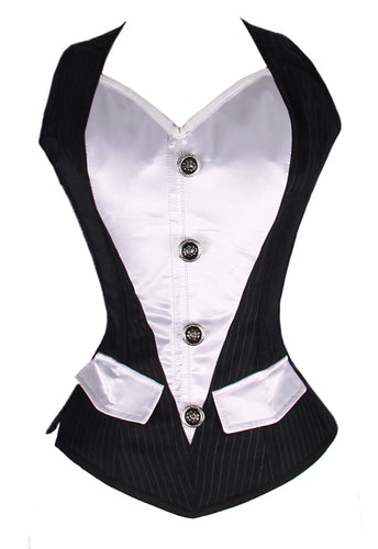 22 Double Steel Boned Waist Training Pinstripe & Satin Overbust Tight Shaper Corset #8367-PS