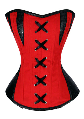 24 Double Steel Boned Waist Training Faux Leather & Cotton Overbust Tight Shaper Corset #8481-TC-FL