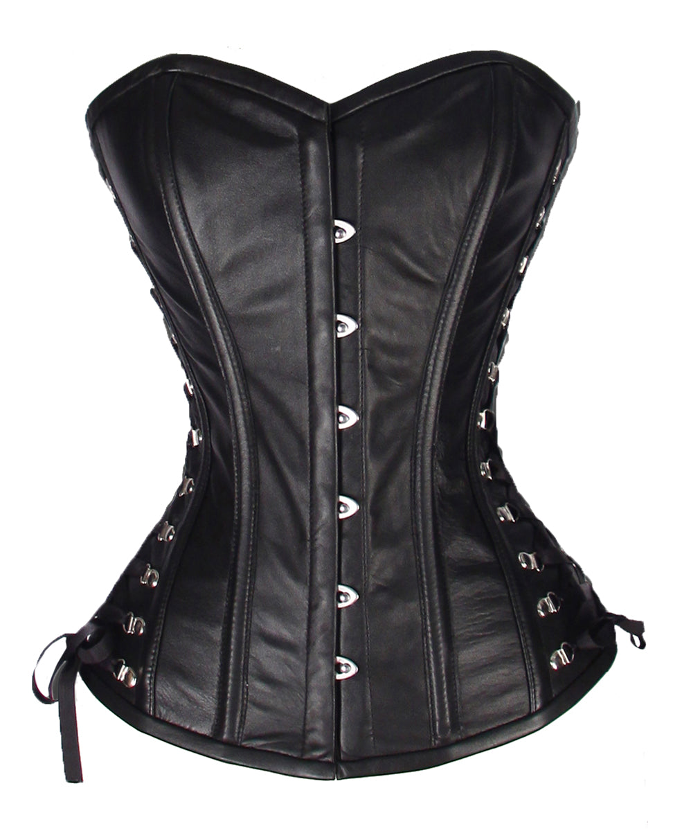 Heavy Duty 26 Double Steel Boned Waist Training REAL LEATHER Overbust Tight Shaper Corset #8481-B-LE