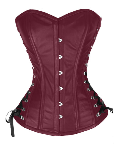 Heavy Duty 26 Double Steel Boned Waist Training REAL LEATHER Overbust Tight Shaper Corset #8481-B-LE