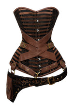 Load image into Gallery viewer, 26 Double Steel Boned Waist Training Brocade &amp; Genuine Leather Long Overbust Shaper Corset #8708-BRO