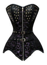 Load image into Gallery viewer, 24 Double Steel Boned Waist Training Brocade &amp; Genuine Leather Long Overbust Shaper Corset #8710-BRO