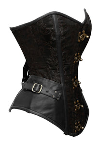 22 Double Steel Boned Waist Training Brocade & Genuine Leather Long Overbust Shaper Corset #8711-B