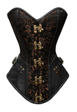 Load image into Gallery viewer, 22 Double Steel Boned Waist Training Brocade &amp; Genuine Leather Long Overbust Shaper Corset #8711-B