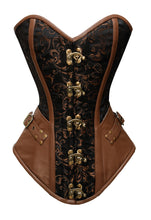 Load image into Gallery viewer, 22 Double Steel Boned Waist Training Brocade &amp; Genuine Leather Long Overbust Shaper Corset #8711-BRO