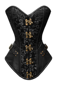 22 Double Steel Boned Waist Training Brocade & Genuine Leather Long Overbust Shaper Corset #8711-B