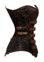 Load image into Gallery viewer, 22 Double Steel Boned Waist Training Brocade &amp; Genuine Leather Long Overbust Shaper Corset #8717-BRO
