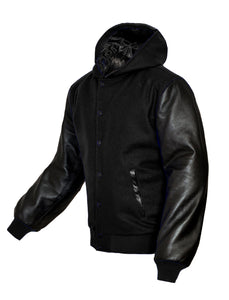 Superb Genuine Black Leather Sleeve Letterman College Varsity Kid Wool Hoodie Jackets #BSL-H-BB