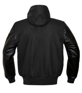 Superb Genuine Black Leather Sleeve Letterman College Varsity Women Wool Hoodie Jackets #BSL-H-BB