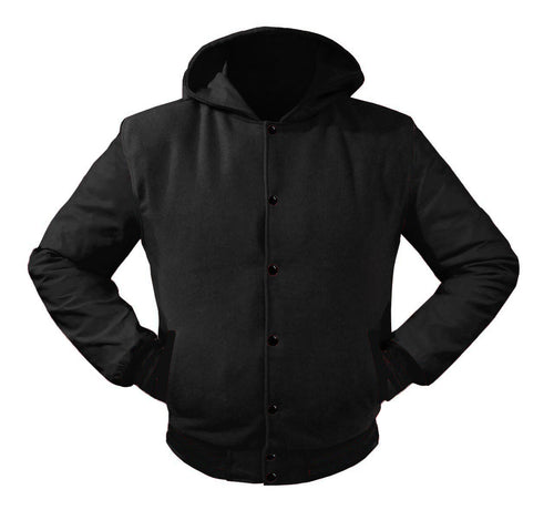 Superb Black Leather Sleeve Original American Varsity Letterman College Baseball Men Wool Hoodie Jackets #BSL-BSTR-BB-H