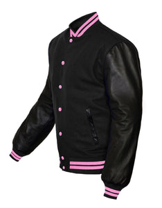 Original American Varsity Black Leather Sleeve Letterman College Baseball Kid Wool Jackets #BSL-PKSTR-PKB