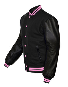 Original American Varsity Black Leather Sleeve Letterman College Baseball Women Wool Jackets #BSL-PKSTR-PKB
