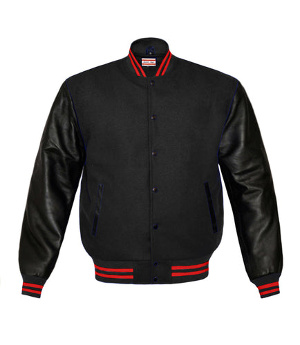 Superb Genuine Black Leather Sleeve Letterman College Varsity Men Wool Jackets #BSL-RSTR-BB