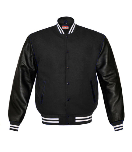 Superb Genuine Black Leather Sleeve Letterman College Varsity Men Wool Jackets #BSL-WSTR-BB