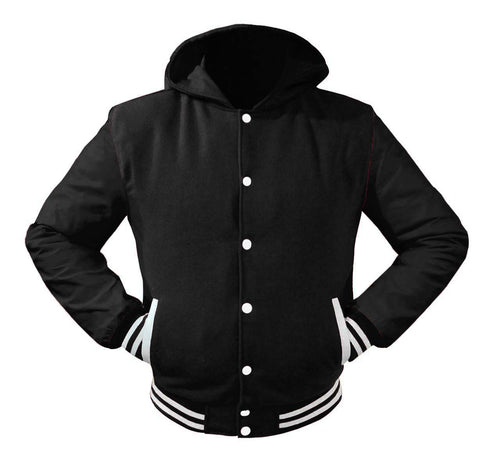 Superb Black Leather Sleeve Original American Varsity Letterman College Baseball Men Wool Hoodie Jackets #BSL-WSTR-WB-H