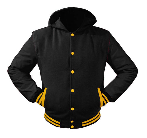 Superb Black Leather Sleeve Original American Varsity Letterman College Baseball Men Wool Hoodie Jackets #BSL-YSTR-YB-H