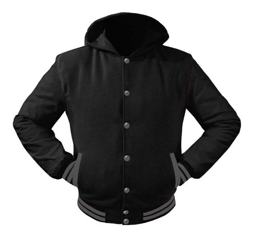Superb Black Leather Sleeve Original American Varsity Letterman College Baseball Men Wool Hoodie Jackets #BSL-GYSTR-GYB-H