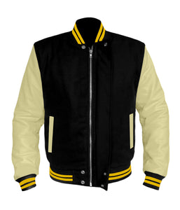 Black Yellow Varsity Bomber Wool Leather Baseball Bomber Jacket