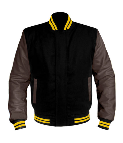 Original American Varsity Dark Brown Leather Sleeve Letterman College Baseball Kid Wool Jackets #DBRSL-YSTR-BZ