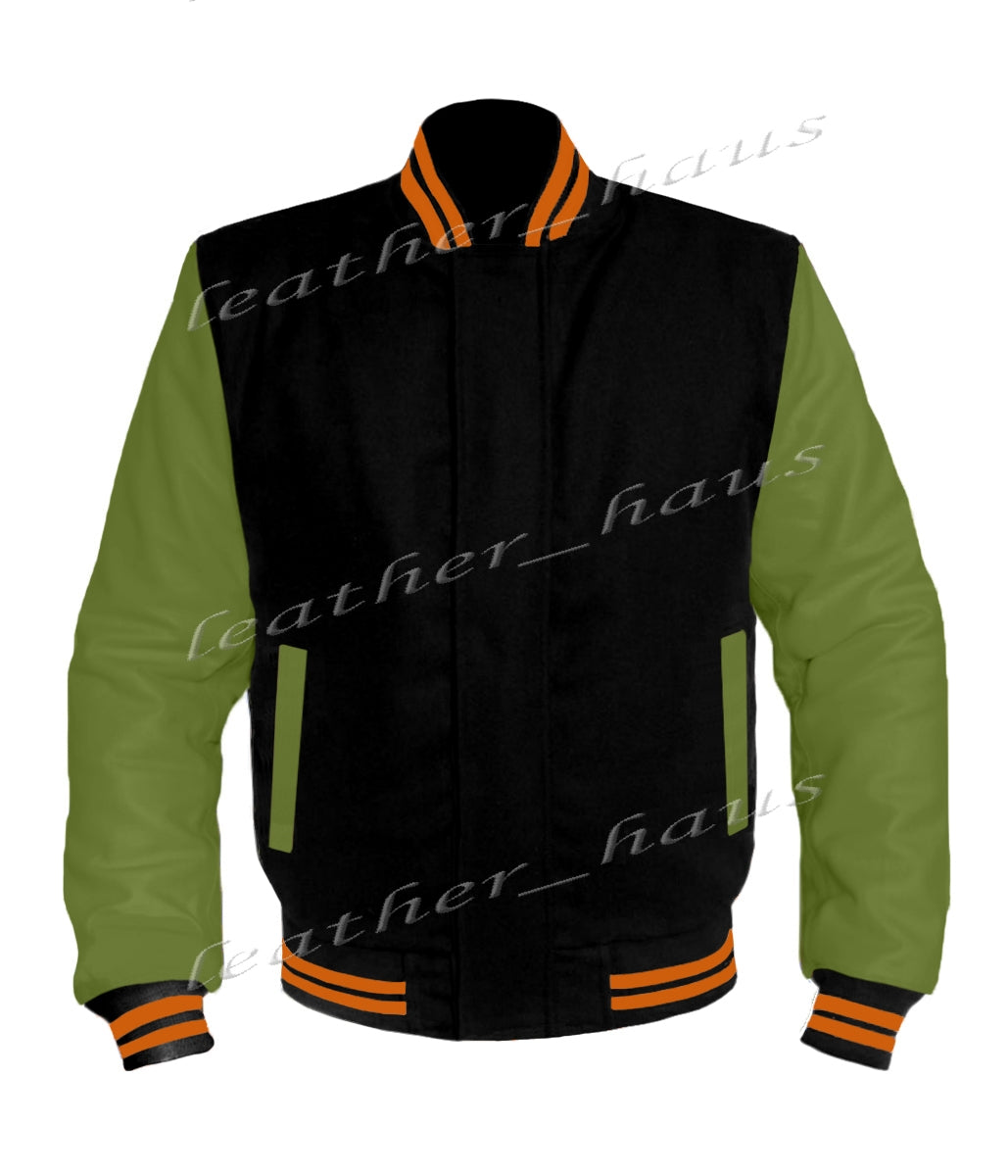 Original American Varsity Green Leather Sleeve Letterman College Baseball Women Wool Jackets #GRSL-ORSTR-BZ