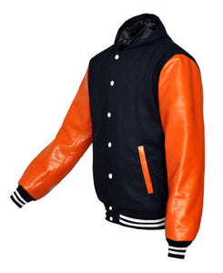 Superb Orange Leather Sleeve Original American Varsity Letterman College Baseball Men Wool Hoodie Jackets #ORSL-WSTR-WB-H-BBand