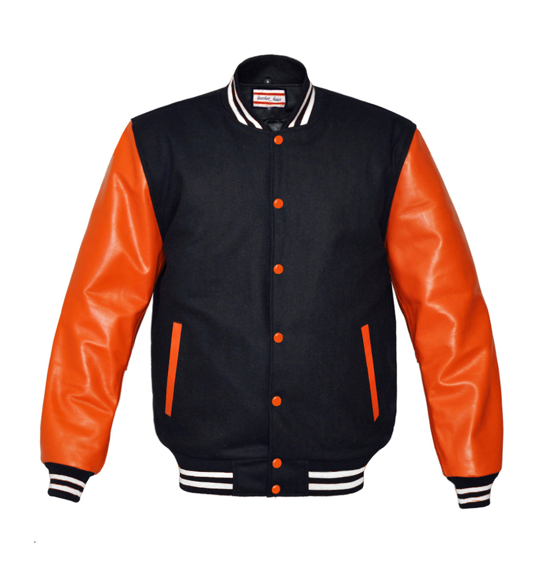 Superb Genuine Orange Leather Sleeve Letterman College Varsity Women Wool Jackets #ORSL-WSTR-OB