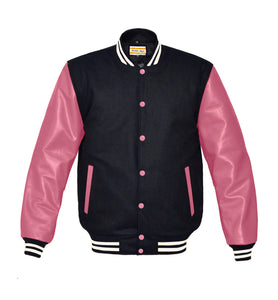 Superb Genuine Pink Leather Sleeve Letterman College Varsity Women Wool Jackets #PKSL-WSTR-PKB