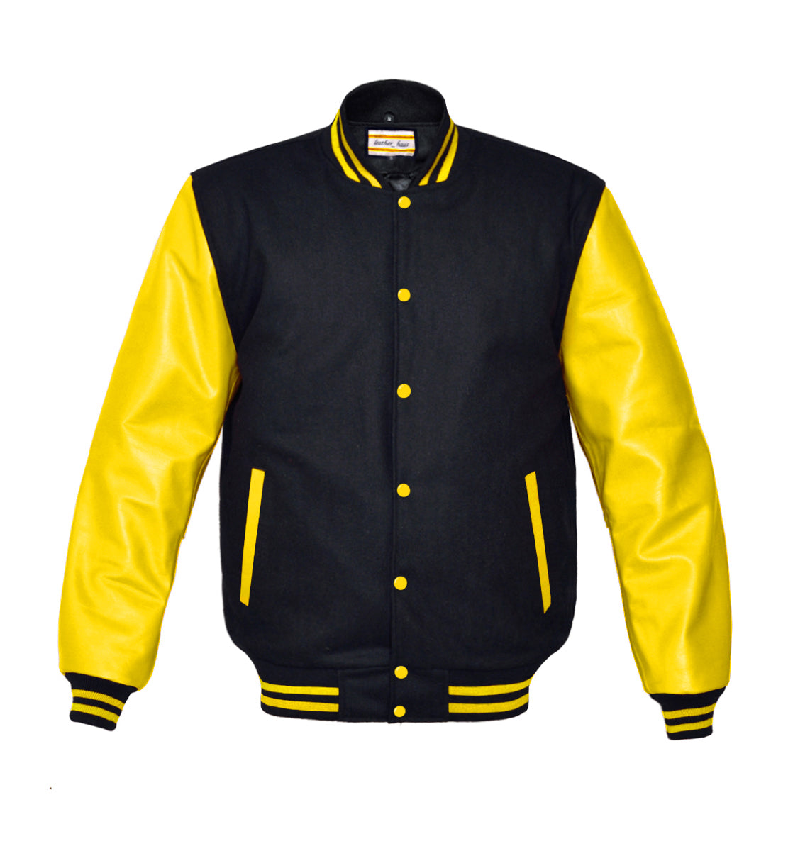 &herアンドハー　Ecoleather Jacket Leather-Haus Kid Yellow Leather Sleeve Varsity – ps8-store