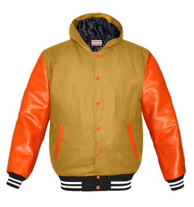 Superb Orange Leather Sleeve Original American Varsity Letterman College Baseball Men Wool Hoodie Jackets #ORSL-WSTR-OB-H-BBand