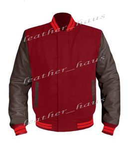 Original American Varsity Dark Brown Leather Sleeve Letterman College Baseball Men Wool Jackets #DBRSL-RSTR-BZ