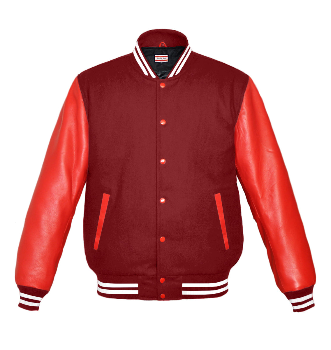 Giacca Varsity Letterman rossa e nera per uomo e donna Giacca Varsity Letterman rossa e nera per uomo e donna