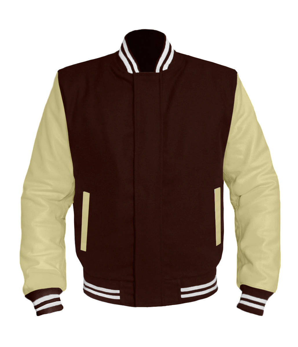 Varsity Jacket Baseball Letterman Bomber School Collage Of Yellow Wool and  Genuine Brown Leather Sleeves at  Men’s Clothing store