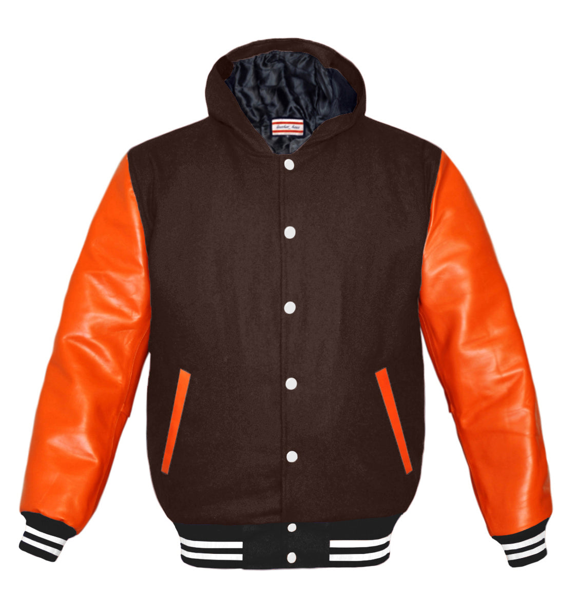 Superb Orange Leather Sleeve Original American Varsity Letterman College  Baseball Men Wool Hoodie Jackets #ORSL-WSTR-WB-H-BBand