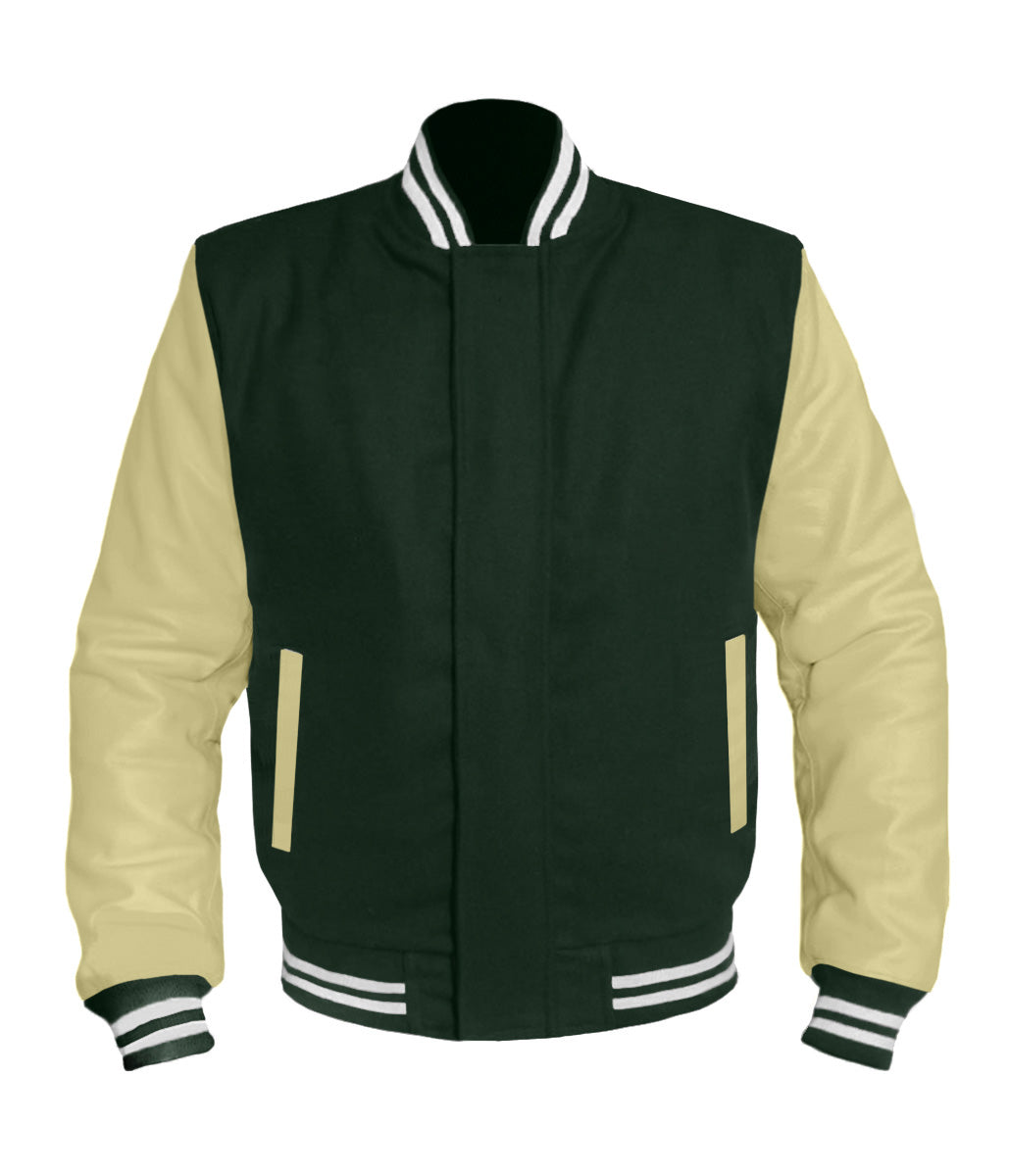 Varsity Letterman Bomber Baseball Forest Green Wool & Gray Leather Sleeve  jacket