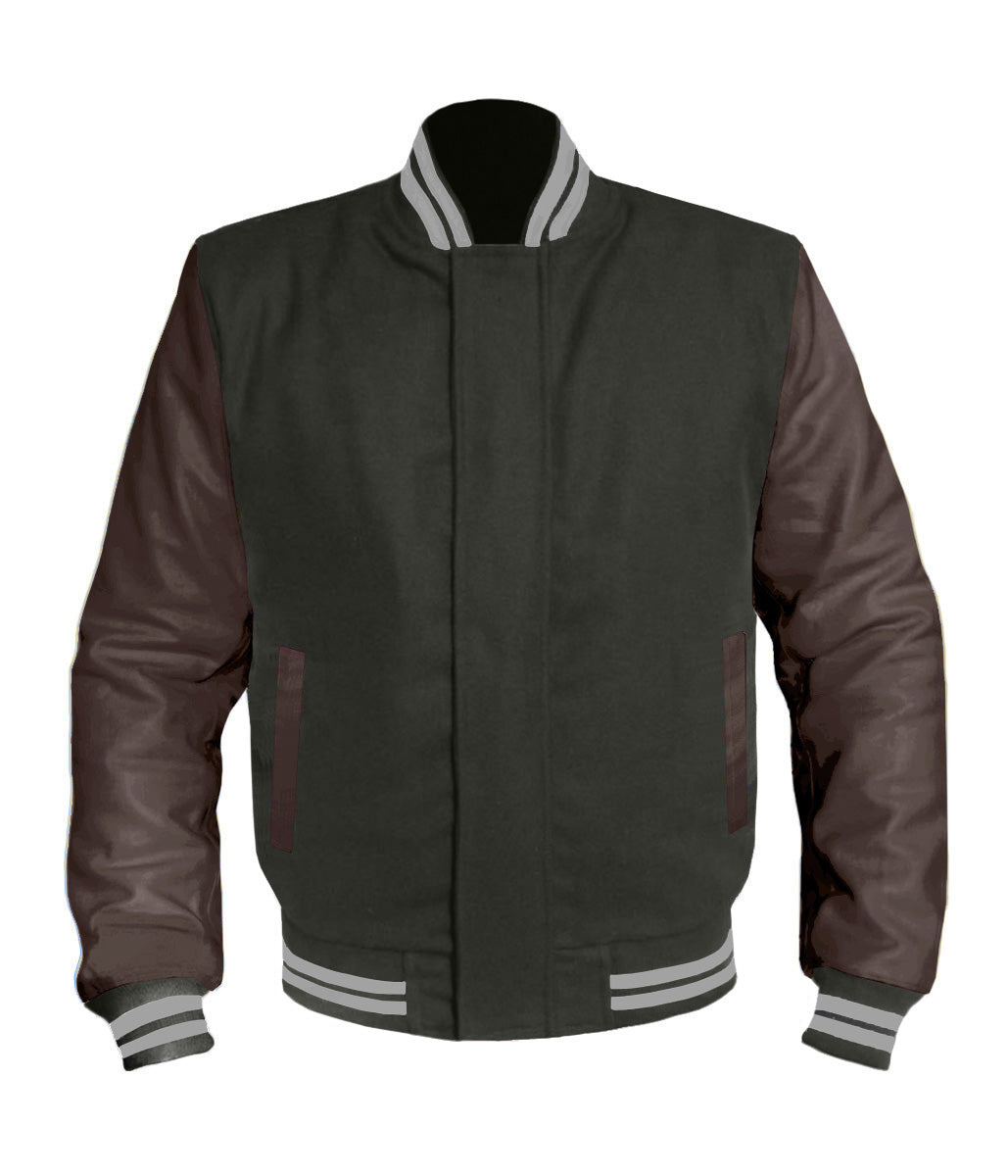 Varsity Letterman Bomber Baseball Forest Green Wool & Gray Leather Sleeve  jacket