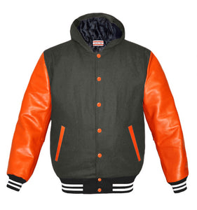 Superb Orange Leather Sleeve Original American Varsity Letterman College Baseball Men Wool Hoodie Jackets #ORSL-WSTR-OB-H-BBand