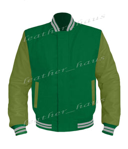 Original American Varsity Green Leather Sleeve Letterman College Baseball Kid Wool Jackets #GRSL-GYSTR-BZ