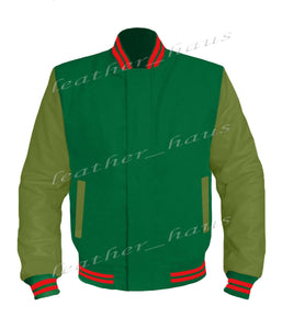 Original American Varsity Green Leather Sleeve Letterman College Baseball Men Wool Jackets #GRSL-RSTR-BZ